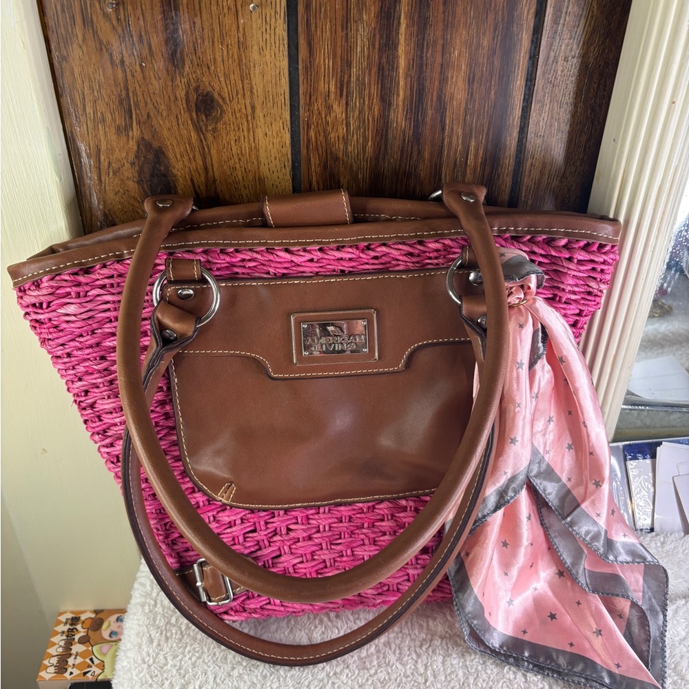 American Living Pink and Brown Woven Tote Bag